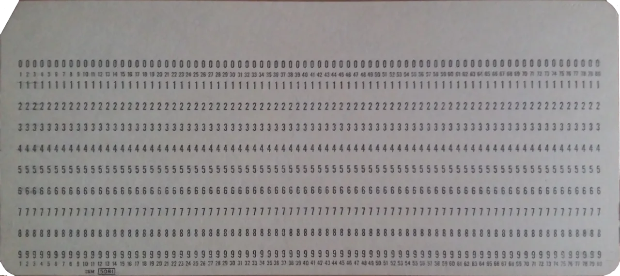 An unpunched IBM 80-column card, every column printed with the digits 0 to 9